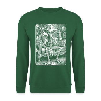 Kaffee im All: Alien auf Jugendstilsofa entspannt. - Unisex Pullover - Grün - Vorne