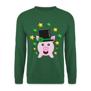 Neujahr Glücksschwein mit Sternen und Zylinder. - Unisex Pullover - Grün - Vorne