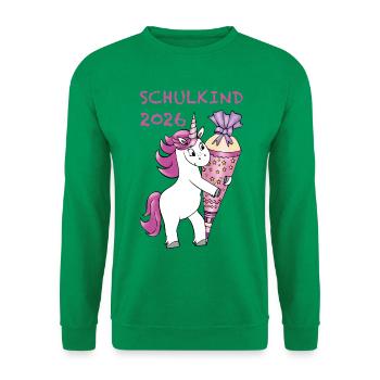Einhorn mit Zuckertüte Einschulung Schulkind 2026 - Unisex Pullover - Kelly Green - Vorne