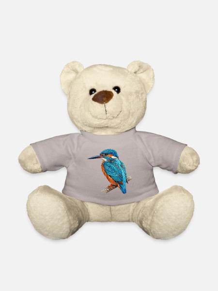 Bestickter Eisvogel stilvoll naturbedruckt (bedruckt) - Teddy - Taupe
