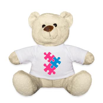 three jigsaw pieces fitting in two colour cute - Teddy Bear - white - Front