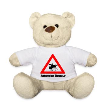 Attention batteur - cadeau batterie humour - Nounours - blanc - Devant