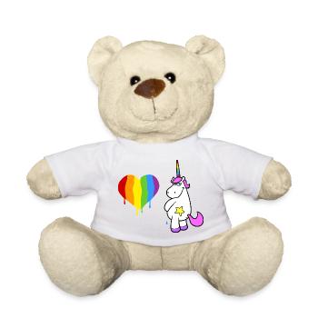 Rosa Einhorn pinkelt ein großes Herz in Regenbogen - Teddy - Weiß - Vorne