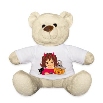 Cute smiling girl with cat and Halloween pumpkin - Teddy Bear - white - Front