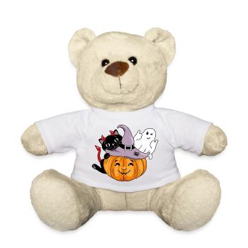 Citrouille souriante avec chat noir et fantôme clignotant - Nounours - blanc - Devant