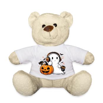 cooler Geist mit Kopfhörern und Halloween Kürbis - Teddy - Weiß - Vorne