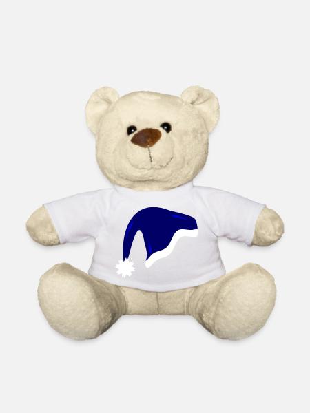 Chapeau de Noël bleu - Nounours - blanc