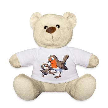 Rouge-gorge mère et enfant gambadant - Nounours - blanc - Devant