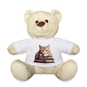Chat mignon sur pile de livres - Nounours - blanc - Devant