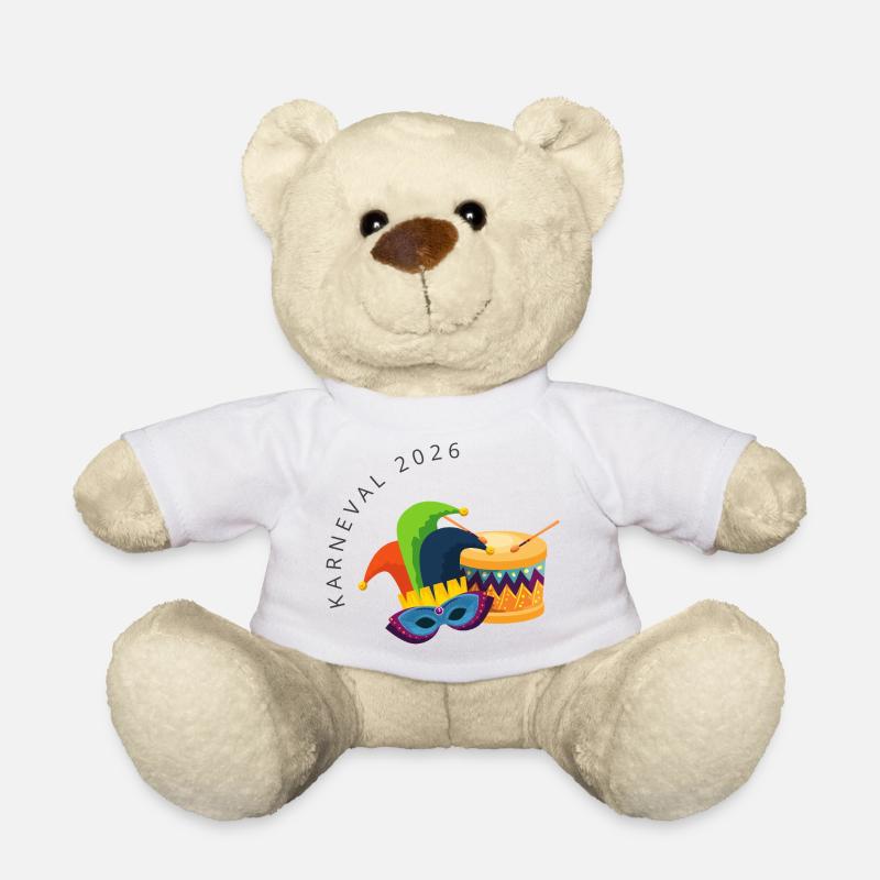 Karneval 2026 – Maske & Trommel buntes Design - Teddy - Weiß