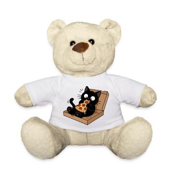 Schwarze Katze genießt Pizza - Teddy - Weiß - Vorne