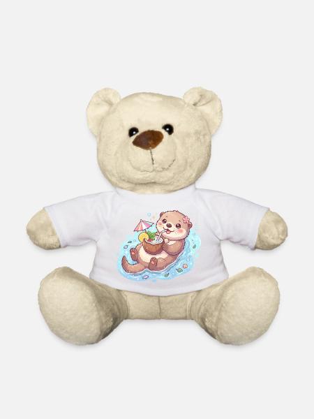 Cute Kawaii Otter Floating with Coconut Drink - Teddy Bear - white
