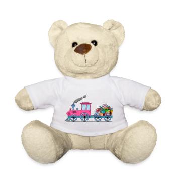 Children's train railway with trailer pink - Teddy Bear - white - Front