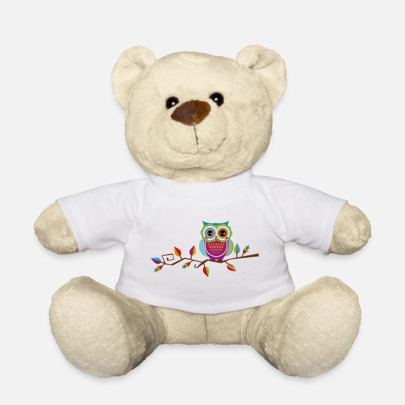 farbenfrohe Eule sitzt auf einem herbstlichen Ast - Teddy - Weiß