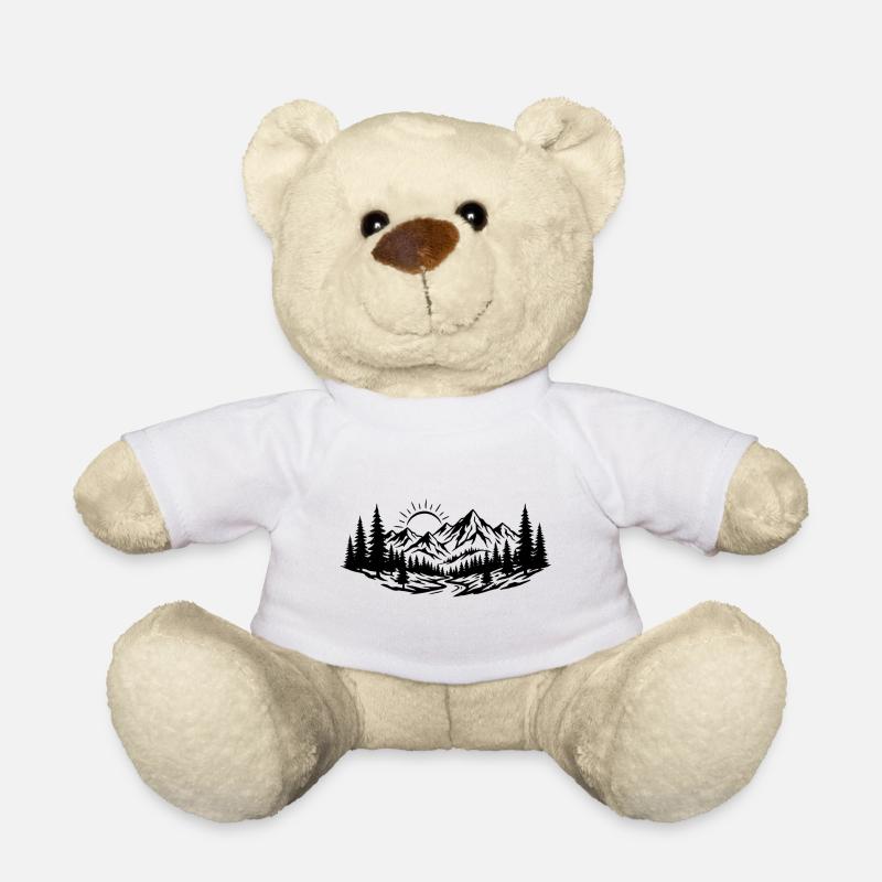 Mountain Landscape Forest River Sun Line Art - Teddy Bear - white