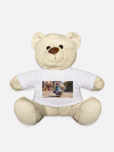 Traveler Pigeon in Beanie exploring European Town - Teddy Bear - white