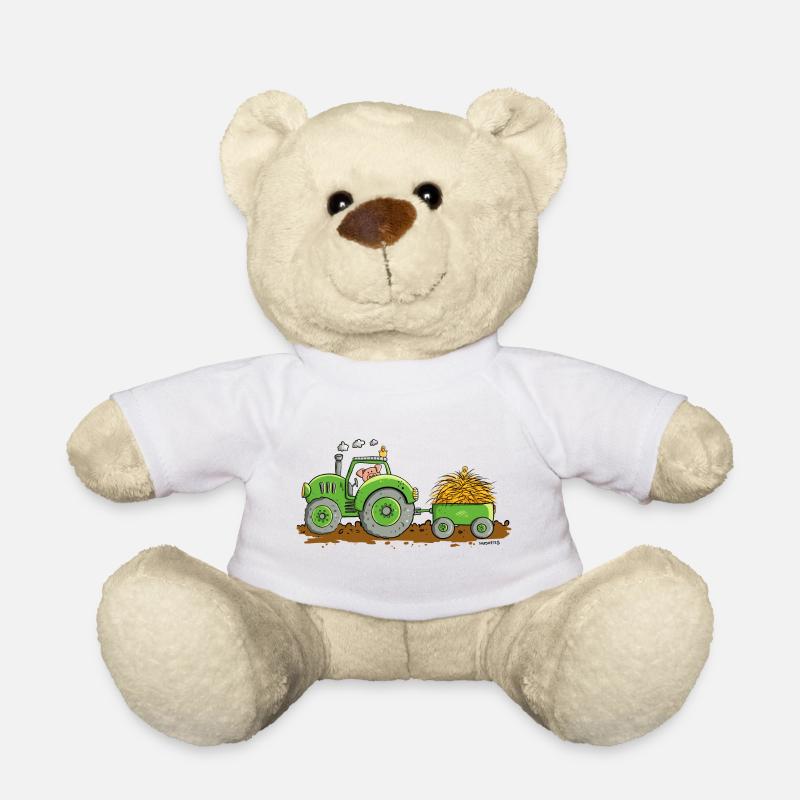 Schwein Fährt Traktor Mit Anhänger Bauernhof - Teddy - Weiß