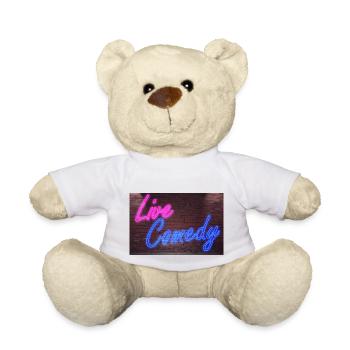 Leuchtreklame Live Comedy an Ziegelsteinmauer - Teddy - Weiß - Vorne
