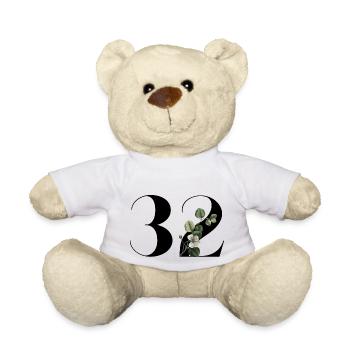 Number 32 Floral Green - 32nd Floral Birthday - Teddy Bear - white - Front