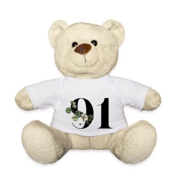 Number 91 Floral Green - 91st Floral Birthday - Teddy Bear - white - Front