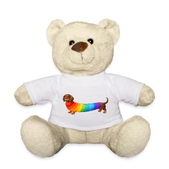 Dackel mit Regenbogen Pullover  - Teddy - Weiß - Vorne