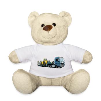 Low-loader with excavator - Teddy Bear - white - Front