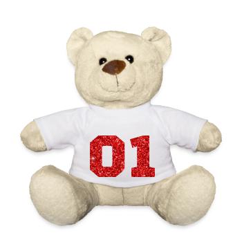 Number 1 Red Glitter -1st Anniversary - Teddy Bear - white - Front