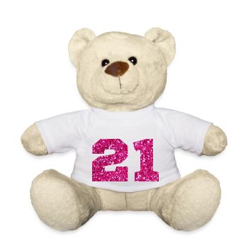 Numéro 21 paillettes rose - 21e anniversaire - Nounours - blanc - Devant