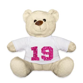 Numéro 19 paillettes rose - 19e anniversaire - Nounours - blanc - Devant