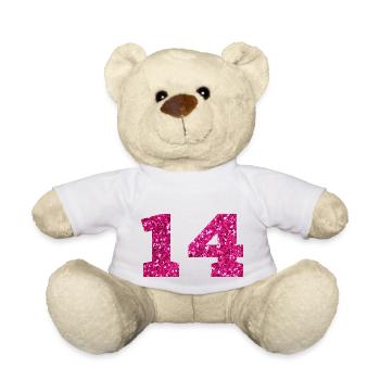 Number 14 Pink Glitter - 14th Birthday - Teddy Bear - white - Front