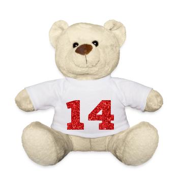 Number 14 Red Glitter - 14th Anniversary - Teddy Bear - white - Front