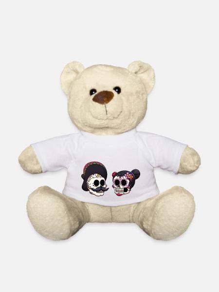 Male And Female Dia De Los Muertos Sugar Skull - Teddy Bear - white