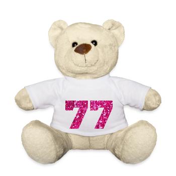 Numéro 77 paillettes rose - 77e anniversaire - Nounours - blanc - Devant