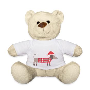 Chien teckel de Noël avec un chapeau de Père Noël et un pull - Nounours - blanc - Devant