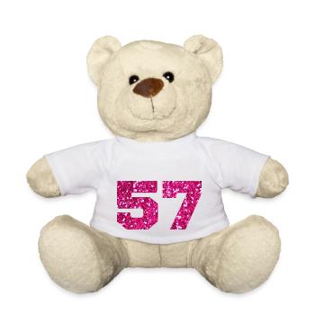 Number 57 Pink Glitter - 57th Birthday - Teddy Bear - white - Front