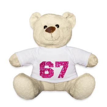 Numéro 67 paillettes rose - 67e anniversaire - Nounours - blanc - Devant