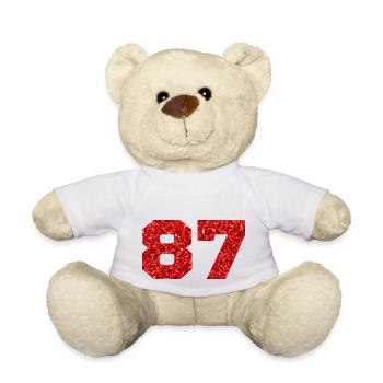 Number 87 Red Glitter - 87th Anniversary - Teddy Bear - white - Front