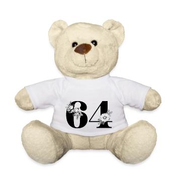 Number 64 Black Floral - 64th Floral Birthday - Teddy Bear - white - Front