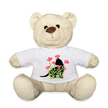 Design de printemps - chat noir dans le parterre de fleurs - Nounours - blanc - Devant