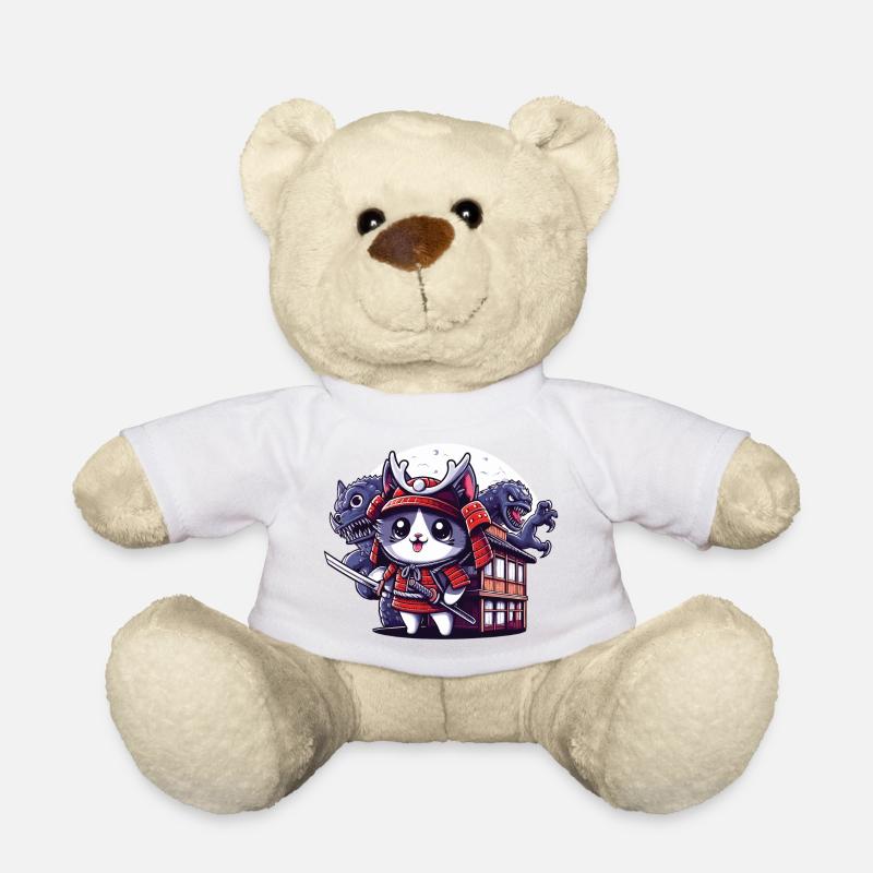 Samurai ninja cat behind Monster and Dojo - Teddy Bear - white