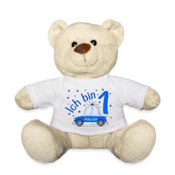Voiture de police J’ai 1 anniversaire Bleu - Nounours - blanc - Devant