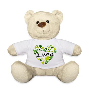 Luna Namensdesign mit herzförmigen grünen Herzen - Teddy - Weiß - Vorne
