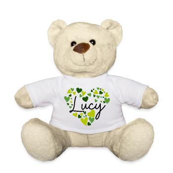 lucy Name Design with Heart-Shaped green Hearts - Teddy Bear - white - Front