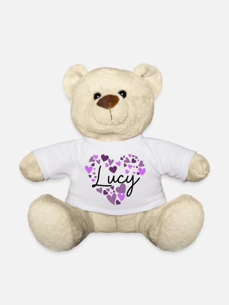 lucy Namensdesign mit herzförmigen lila Herzen - Teddy - Weiß