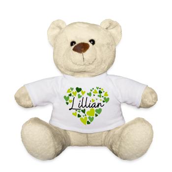Lillian Name Design with Heart-Shaped green Hearts - Teddy Bear - white - Front