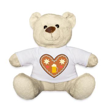 Lebkuchenherz mit Bier und Blumen - Teddy - Weiß - Vorne