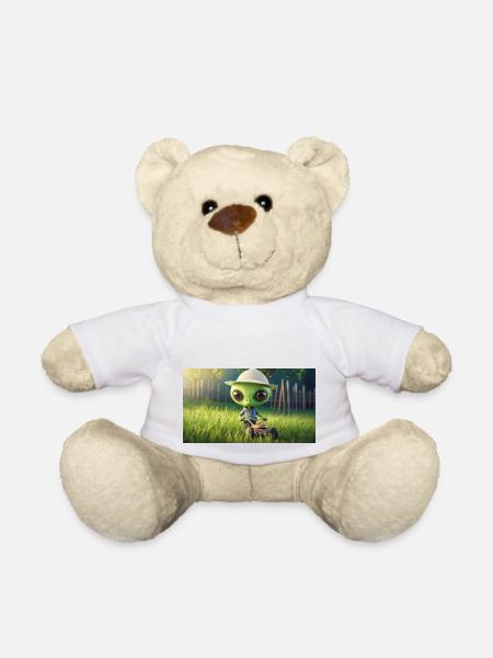 niedliches kleines grünes Retro Alien Rasen mähen - Teddy - Weiß