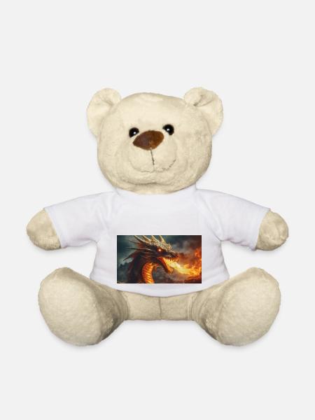Un maestoso drago oscuro realistico che sputa fiamme - Teddybjørn - hvid