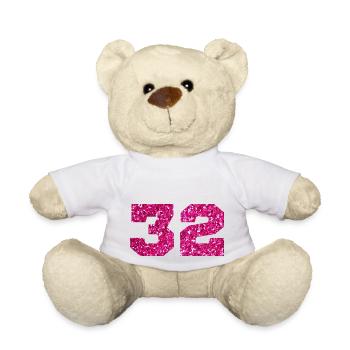 Number 32 Pink Glitter - 32nd Anniversary - Teddy Bear - white - Front