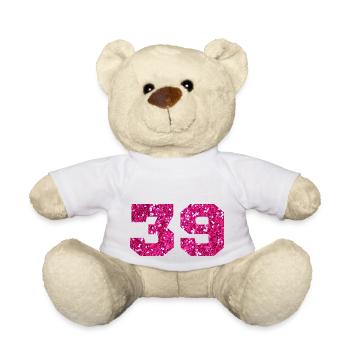 Numéro 39 paillettes rose - 39e anniversaire - Nounours - blanc - Devant
